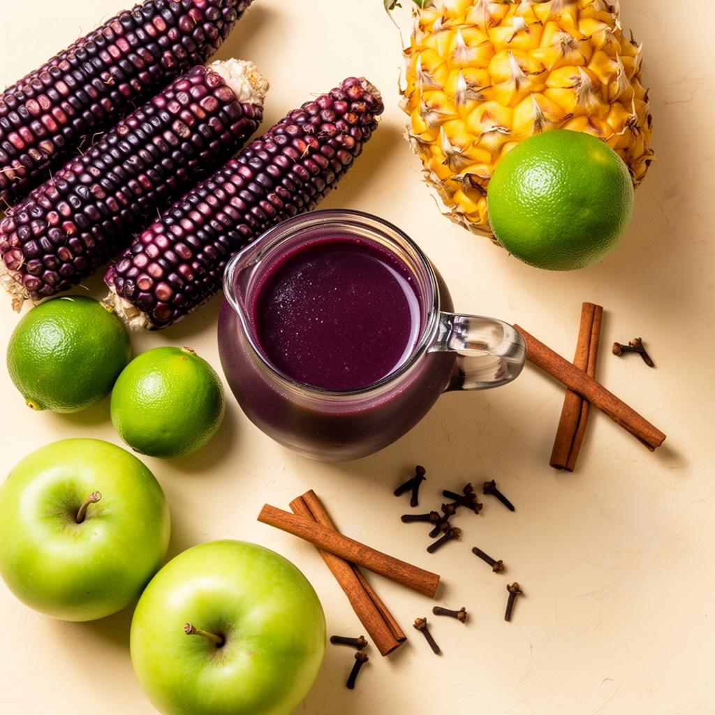 Overhead view of purple corn, pineapple, lime, apples, cinnamon and cloves around a pitcher of chicha morada