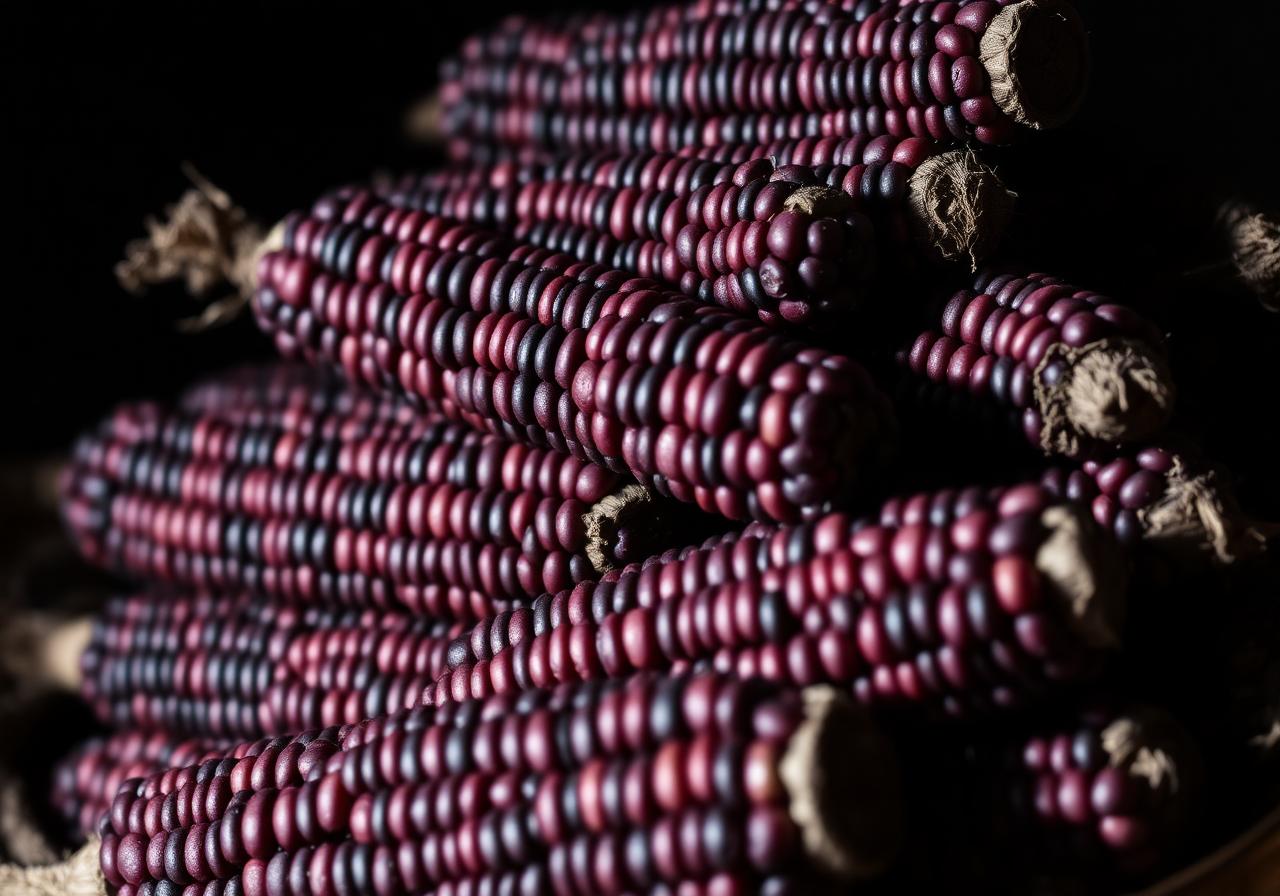 Stack of dried Peruvian purple corn cobs with deep burgundy color